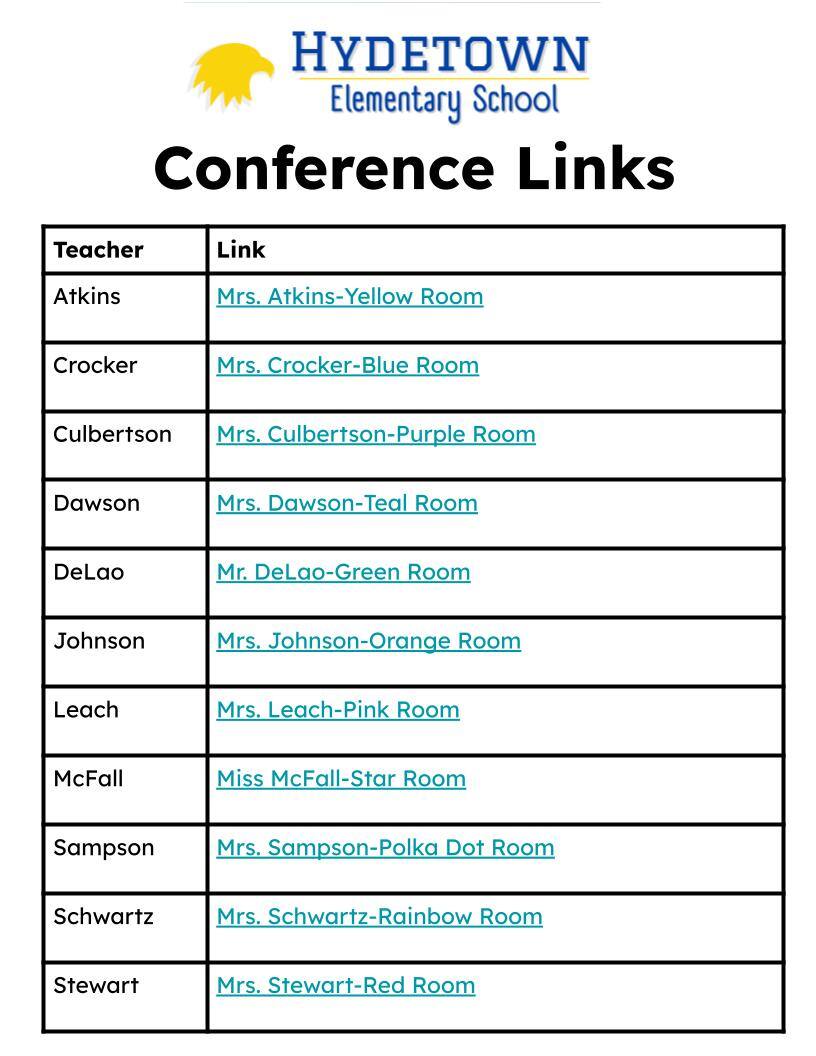 Hydetown Elementary School Conference Links flyer