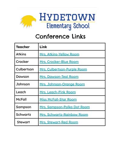 Hydetown Elementary School Conference Links flyer